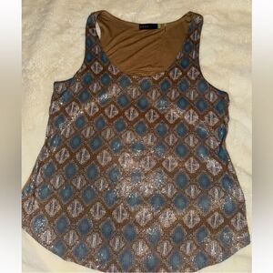 AREA Boho Sequin Top | Ikat Motif Bronze Blue Sparkle Tank EUC SZ L
